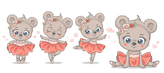 Vector illustration of a cute baby bear ballerina in pink tutu.  - obrazy, fototapety, plakaty