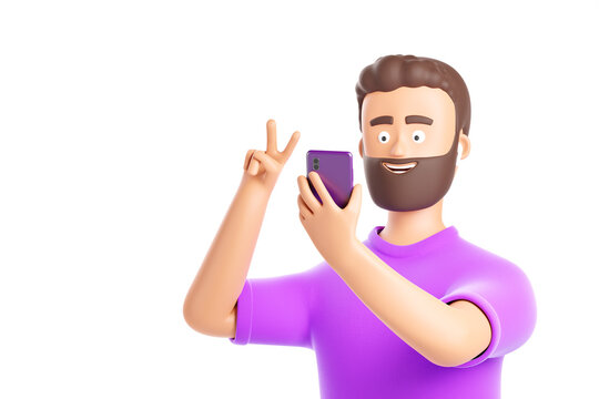 Cartoon beard character man in headphones make video call or selfie by smartphone and show victory sign with hand isolated over white background.