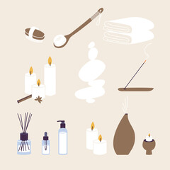Vector illustration set of organic and natural products for spa and wellness procedure. Aroma sticks and candles with essecial oil, herbal lotion.