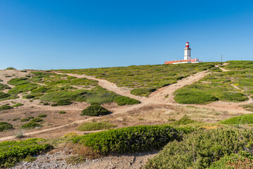 Fototapeta na wymiar Selective focus on bushes in the middle of pathways in hill with Espichel Cape lighthouse in the background, Sesimbra PORTUGAL