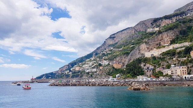 Beautiful view of Amalfi Marina Coppola port in the province of Salerno, the region of Campania, Amalfi Coast, Costiera Amalfitana, Italy
