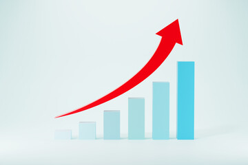 Bar charts growing columns on blue background, 3D rendering illustration