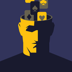 Open male head with falling playing cards. Gambling addiction concept. Clipping mask used.