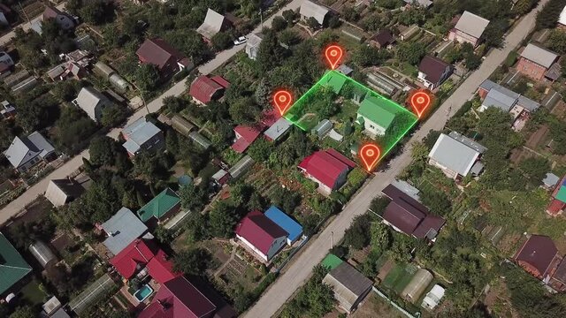 Countryside with Houses Surveying Land Parcels Graphic Image of Land Boundaries 
