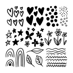 Set of hand drawn simple doodles, Scandinavian style cute stamp elements - hearts, stars, flowers, leaves, rainbows, lines