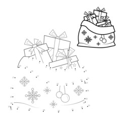 Dot to dot Christmas puzzle for children. Connect dots game. Christmas bag with gifts