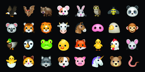Set of animal faces, face emojis, stickers, emoticons.  © Turkan Jabbarli