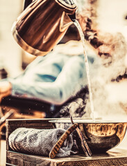 Straight razor, barbershop, towel. Barber shop salon. Men haircut. Man in barbershop salon Bearded...