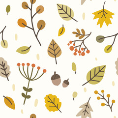 Autumn leafs and flowers seamless doodle pattern. Texture for fabric, textile, paper, wrupping, apparel, bed, pillow.