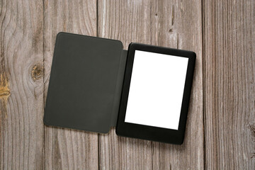 electronic book on wooden table - blank page - closeup - horizontal
