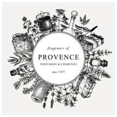 Traditional French herbs wreath in vintage style. Provence design template. Perfect for brands, banner, label, packaging. Cosmetics, perfumery, soap, candle aromatic ingredients template