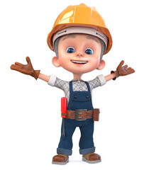3D illustration funny boy in construction helmet and overalls