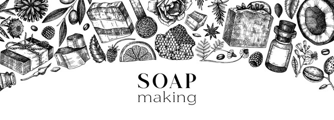 Soap making ingredients vintage banner. Hand-sketched soap bars, 