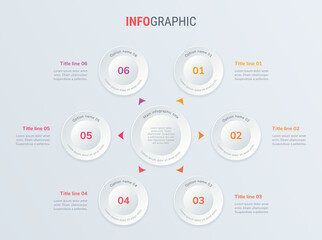 Red vector infographics timeline design template with circle elements. Content, schedule, timeline, diagram, workflow, business, infographic, flowchart. 6 options infographic.
