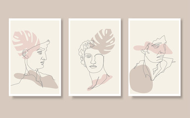 Set of vector linear art illustrations of antique characters. Line art in a trendy style.
