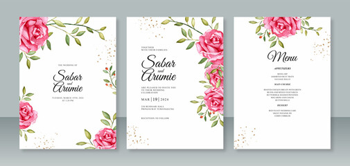 Set template wedding card invitation template with roses watercolor painting