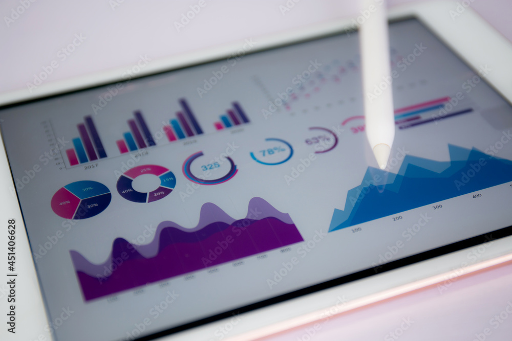 Aufkleber report graph and chart of investment with finance on tablet computer on desk, datum of stock and gro
