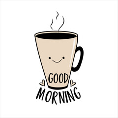 Good Morning - happy greeting with smiley coffee mug, isloated on white backgound.