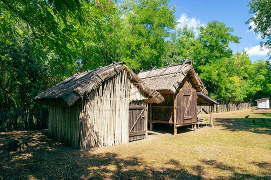 Old barns made of wood and straw in Hungary