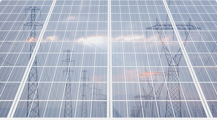 Solar energy panel with High voltage power lines with amazing sunset - Clean energy concept