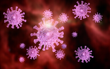 Virology Concept - Rendering of Corona Virus In Red Background 