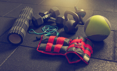 Functional training sports equipment. Kettlebell and skipping rope, dumbbells, medicine ball,...