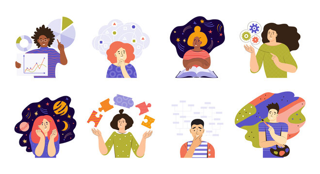 Set of people with different mental mindset types or models. Mind behavior concept. Creative, imaginative, logical and structural thinking. Solving work tasks. Color flat vector illustration.