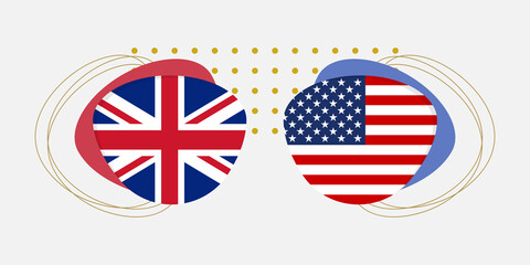 UK and USA flags. American and British national symbols with abstract background and geometric shapes. Vector illustration.