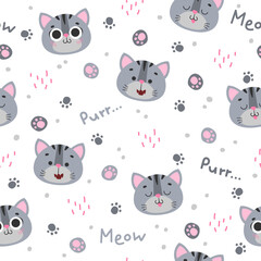 Seamless pattern with cute gray cat, kitty, kitten with black stripes, paws, word meow, purr on white background. Vector illustration, print for packaging, fabrics, wallpapers, textiles.