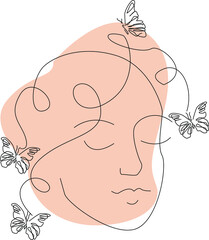Woman head with butterfly composition. Hand-drawn vector line-art illustration. One-Line style drawing.
