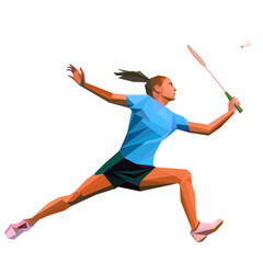 Geometric polygonal professional female badminton player isolated on white background