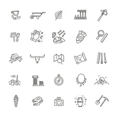 Outline black icons set in thin modern design style, flat line stroke vector symbols - archeology collection
