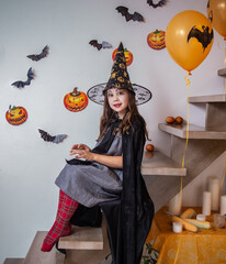 family celebrates halloween
