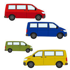 Set of the red, blue, green, yellow van with stroke line