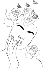Woman face with flowers one line drawing. Continuous line drawing art.