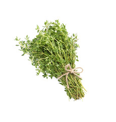 Bunch of aromatic thyme on white background, top view. Fresh herb