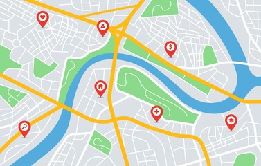 City map gps navigation with location pin markers. Urban downtown roads, parks, river. Red pointers on roadmap navigator vector illustration. Guidance to find destination, trip planning