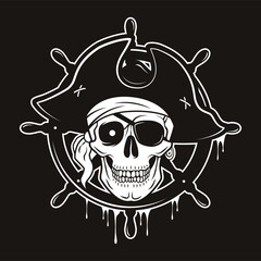 Pirate emblem with steering wheel and skull in a hat and eye patch. Vector hand drawn cartoon illustration isolated on black background