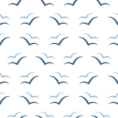 Abstract Seagull seamless pattern. Flying navy blue Gull Birds silhouettes in the sky. Sea life. Marine simple geometric vector background for fashion prints, fabric, textile, package, wrap paper