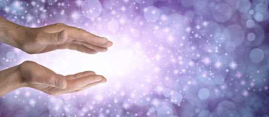 Healing Hands Message Banner - male parallel hands on left side with white light between against a...