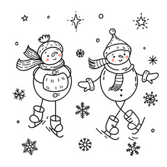 Christmas illustration with snowman and snowflakes. New year picture in doodle style. Vector illustration. - 451410647