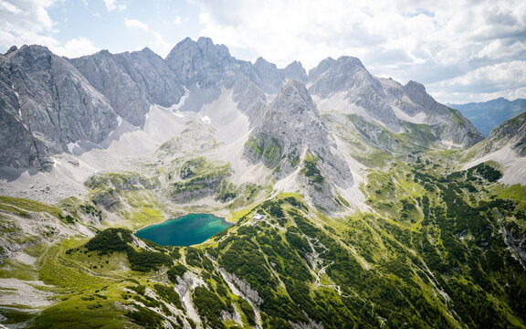Panorama view of lakes Drachensee  and coburger hut. Taken from mountain Tajakopf near Leermos ehrwald austria alps