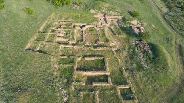 Aerial view of archaeological site, ruins of ancient town and church basilica, Bargala, Stip, Macedonia