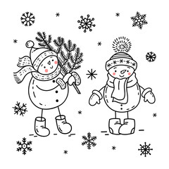 Christmas illustration with snowman and snowflakes. New year picture in doodle style. Vector illustration.