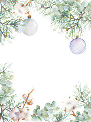 Winter watercolor frame. Glass Christmas balls, branches of eucalyptus, pine, cotton. Suitable for backgrounds, invitations, posters, etc.