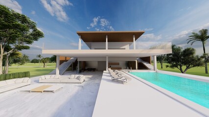 Architecture background exterior of a two-storey house with terraces and a swimming pool 3d render