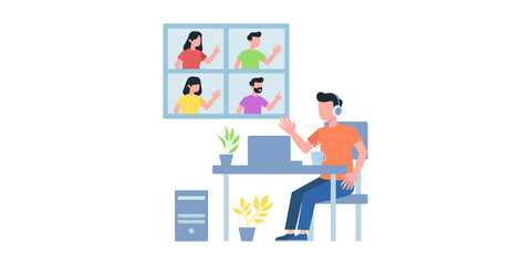 Online Conference. Group video chat. Remote team work. Flat Style. Diverse people participating in the online conference call. Friends meeting up online. Team working from home via videocall