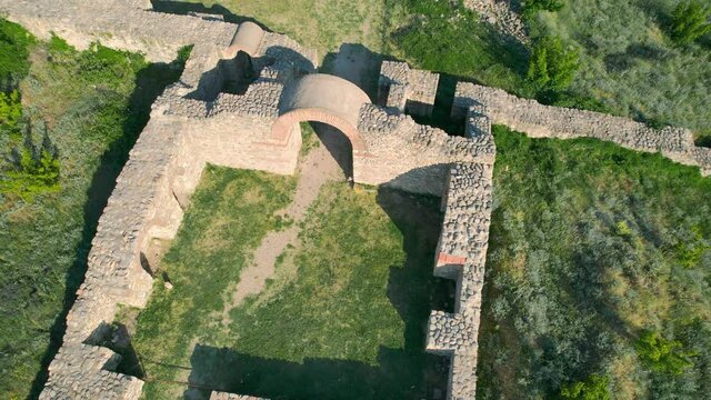 Aerial view of archaeological site, ruins of ancient town and church basilica, Bargala, Stip, Macedonia