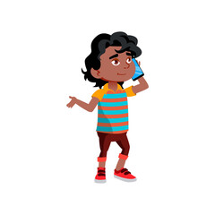 Boy Kid Calling And Talking On Smartphone Vector. African Child Call And Talk With Parents Or Friends On Smartphone Digital Device. Character Communication Flat Cartoon Illustration