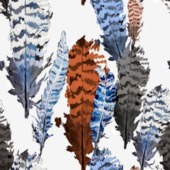 Birds feathers watercolor on white background seamless pattern for all prints.